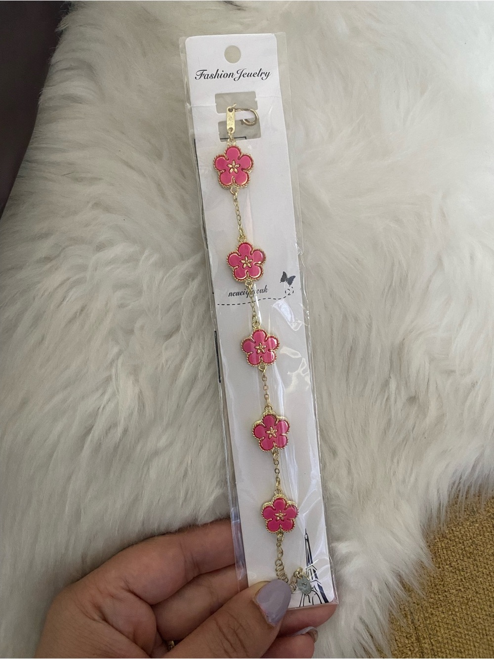 Fashion Jewelry Pink Flower Chain Bracelet - Gold Plated